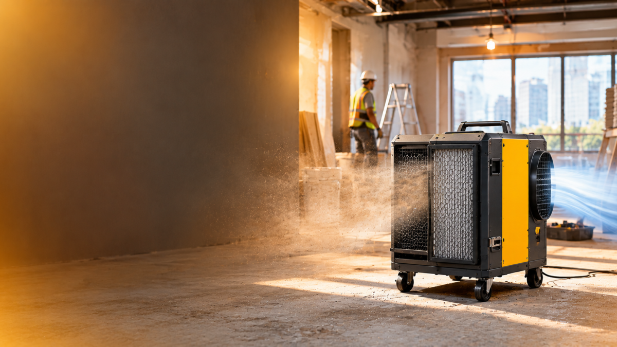 HEPA air scrubber cleaning dust from the air on a renovation site in Singapore