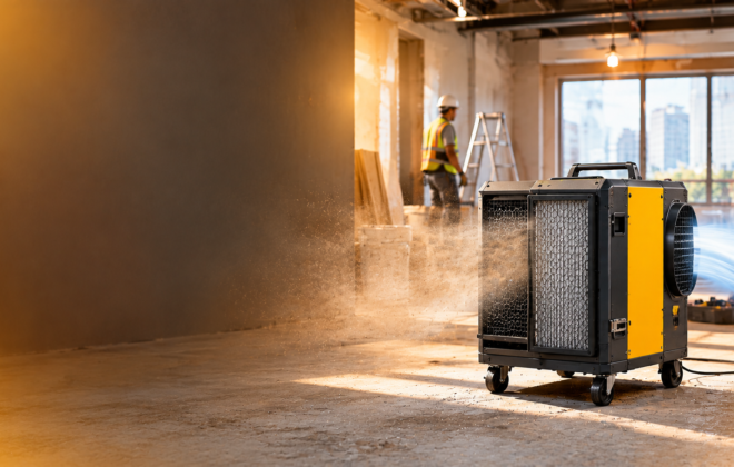 HEPA air scrubber cleaning dust from the air on a renovation site in Singapore